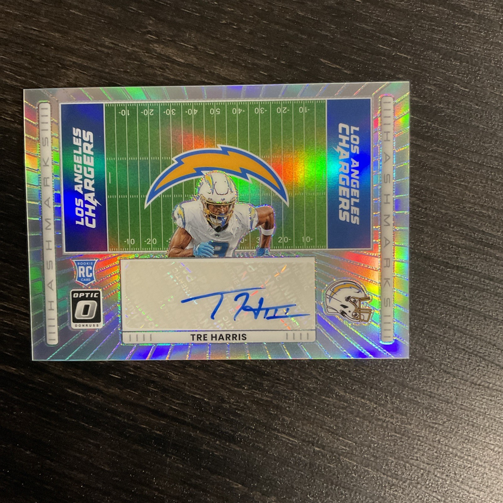 2025 Optic Football Tre Harris Rookie Card Hashmarks Auto Silver #HM-TM Chargers