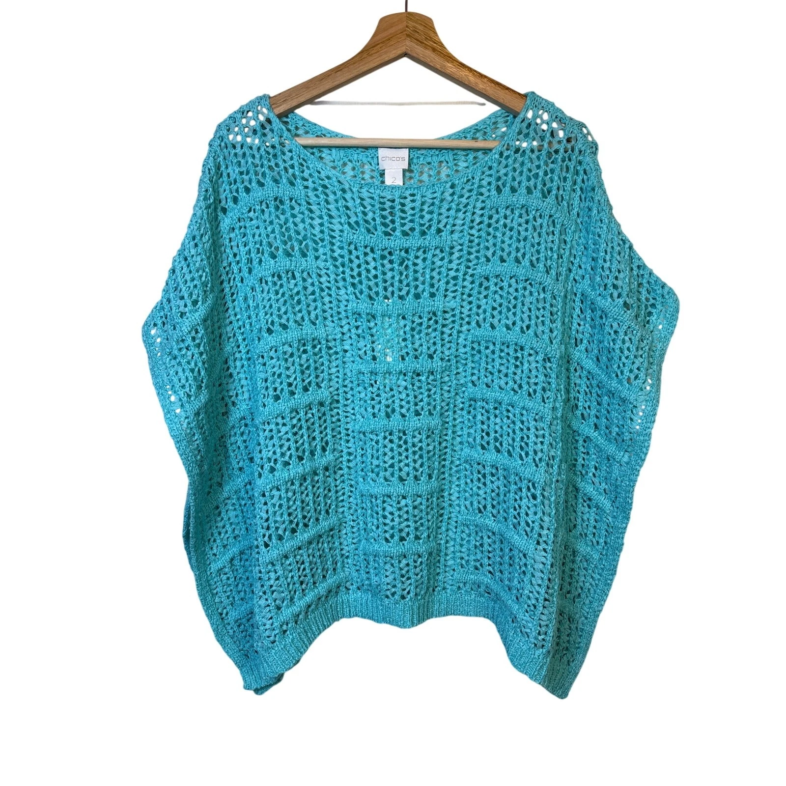 Chicos Mesh Stitch Elsie Pullover Poncho Sweater Large 12 Aqua Breeze Boho Beach