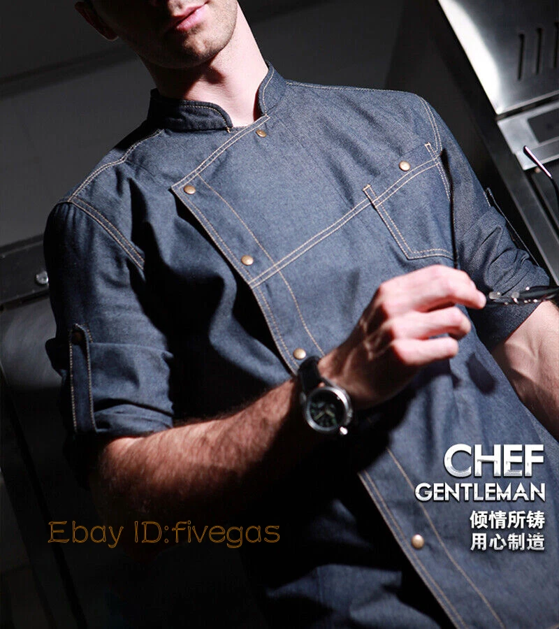 Men Women Denim Chef Jacket Long Sleeve Cook Jeans Kitchen Coat Unisex Uniform - Image 4 of 4