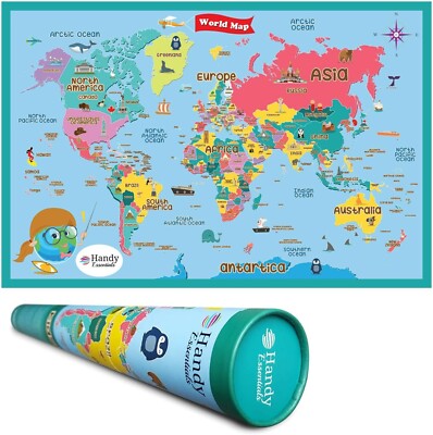 HANDY ESSENTIALS KINDER WELTKARTE TROCKEN ABWISCHBARE KARTE WANDTATTOO 24 x 36  SCHULEN, ZUHAUSE
