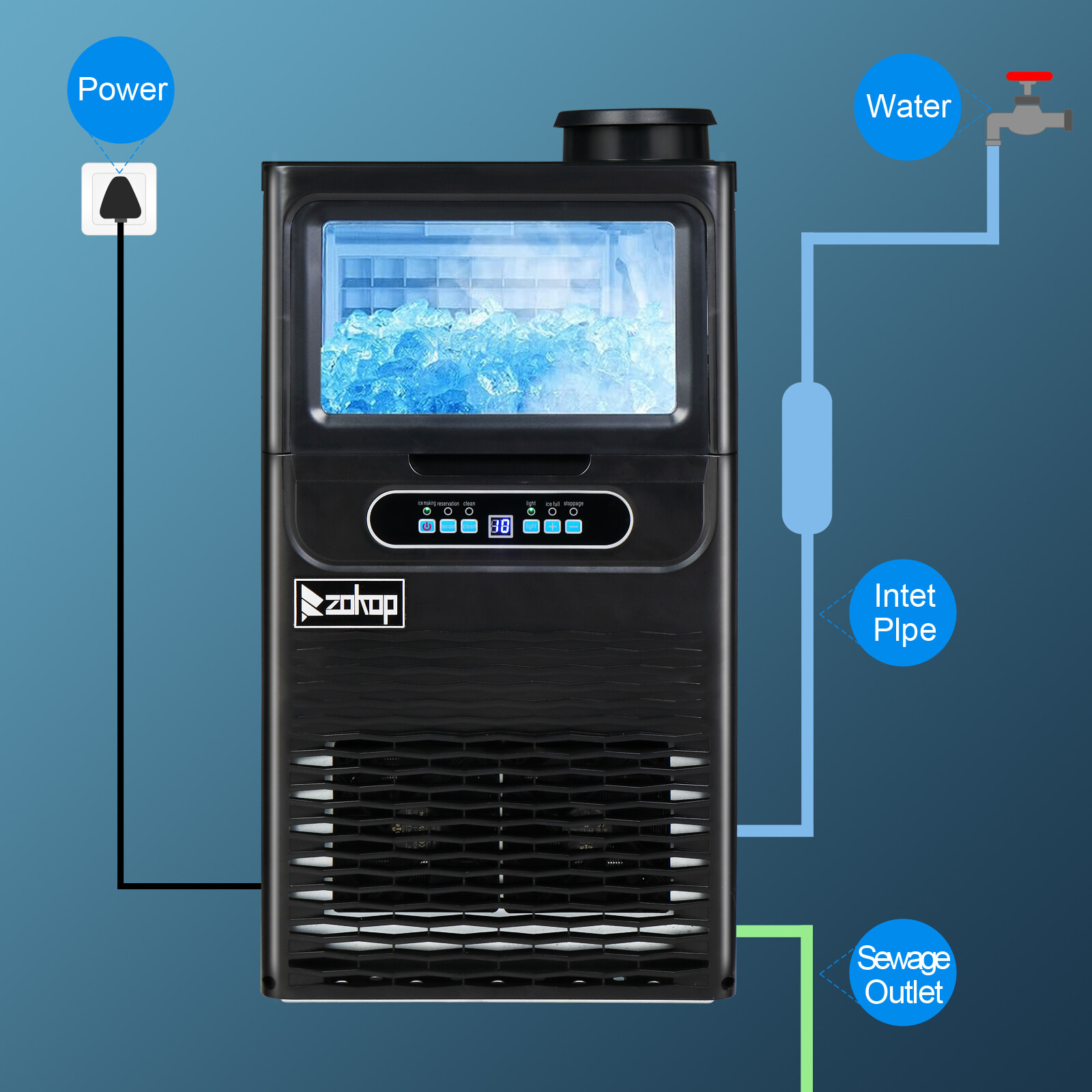 ZOKOP 70Lbs Freestand Commercial Home Hotel Ice Maker Machine Cube Bar