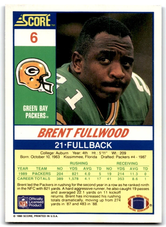 1990 Score Brent Fullwood Green Bay Packers #6 - Image 2 of 2