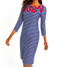 Talbots Petite Navy Stripes & Red Flowers 3/4-Sleeve Knit Dress Size SP Preppy