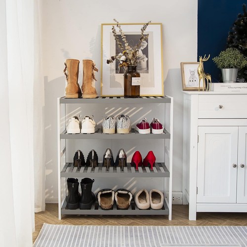 4 TIER BAMBOO SHOE RACK ORGANISER STAND STORAGE SHELF UNIT natural grey white - Picture 12 of 45
