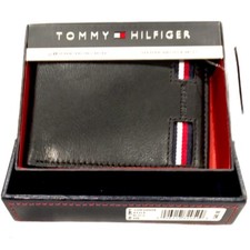 NWT TOMMY HILFIGER AUTHENTIC FLAG LOGO RFID PASSCASE MEN'S BLACK LEATHER WALLET