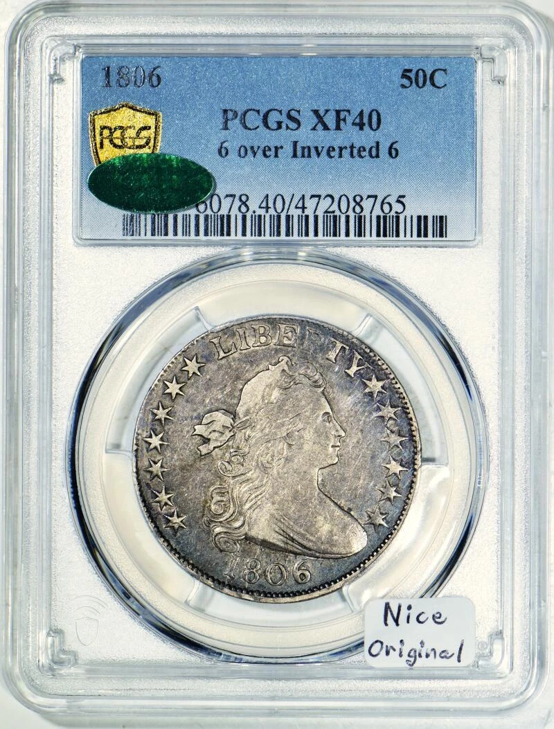 1806 Over Inverted 6; Draped Bust Half Dollar PCGS & CAC XF-40; Nice Original!