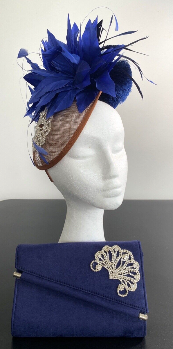 Navy Feathers Fascinator with Matching Clutch Made in Aus New