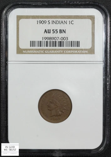 1909 S Indian Head Copper Cent 1C (Choice Almost Uncirculated) NGC AU 55 BN