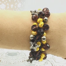 Silver Tone Crimson And Yellow Heavily Clustered Beaded Bracelet Toggle Clasp 7"