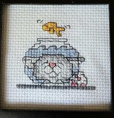 Cross Stitch Cat Fish & Fish Bowl Frame W/Glass 4x4 Adorable