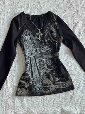 Y2k Graphic Tee for Women | Kawaii Gothic Aesthetic Top | Vintage 90s Emo Kitty 