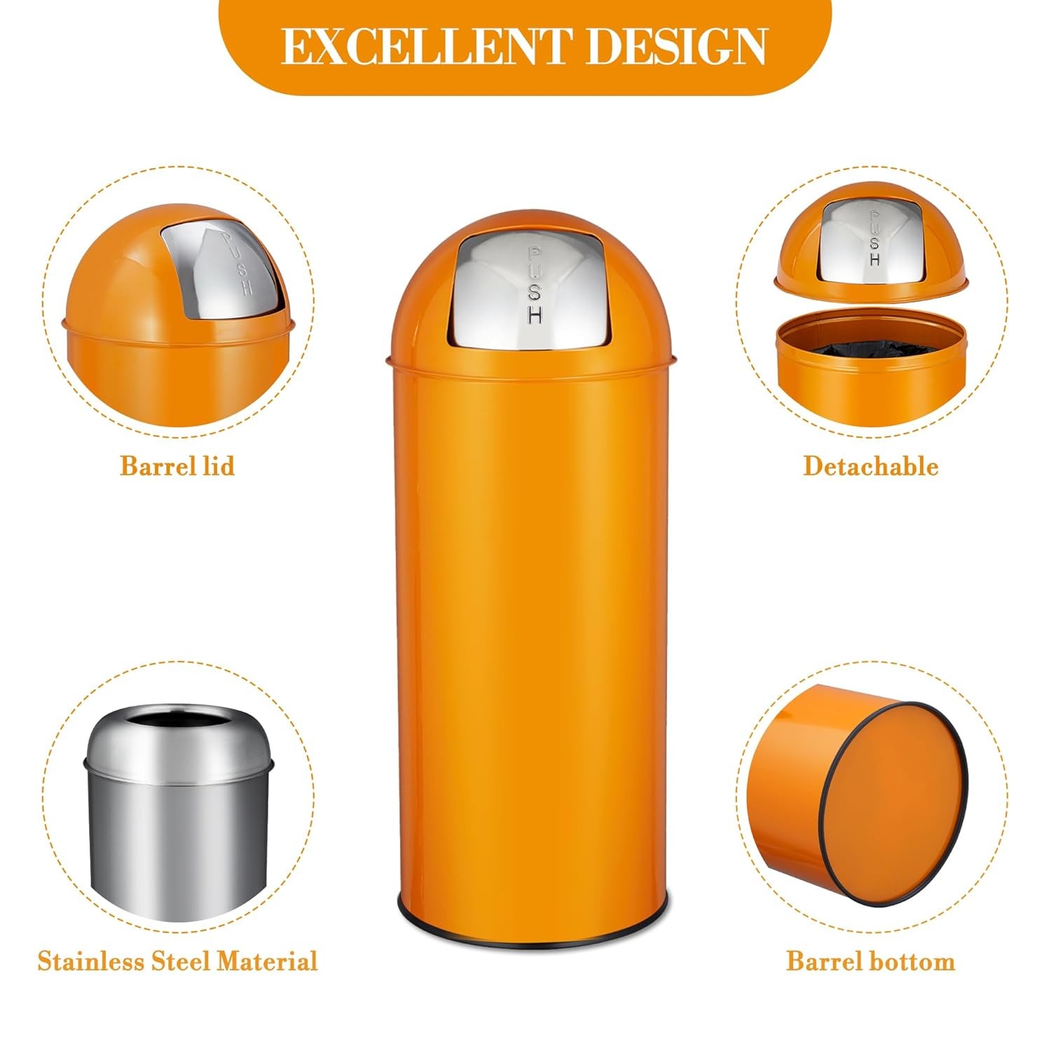 17Gal/65L Push Lid Trash Can Stainless Steel Waste Bin for Kitchen Outdoor