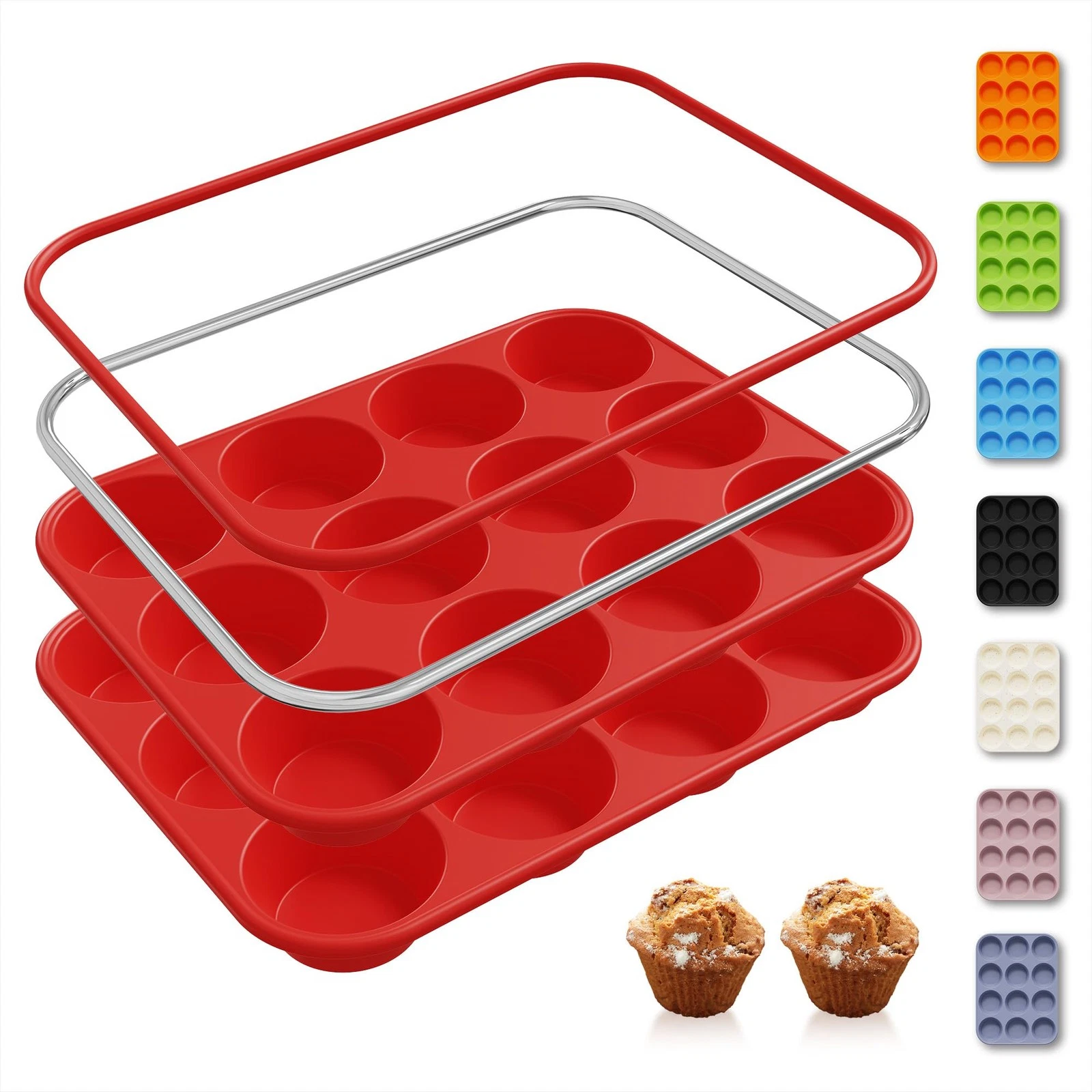 2 Pack 12 Cups Silicone Muffin Pan with Metal 2pc: 12-Cup Regular, Red