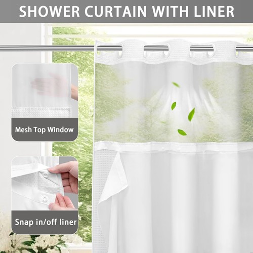 No Hook Shower Curtain with Snap in Fabric Liner Set Less Time White Waffle S... - Picture 3 of 6