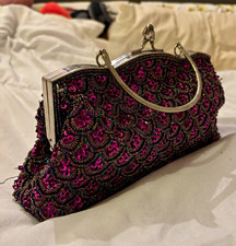 Fuchsia Purple Beaded Sequin Evening Bag with Detachable Silver Chain