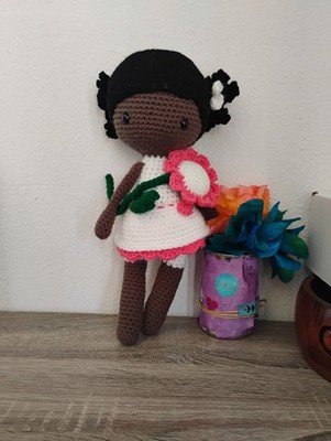 Handmade Crochet Doll with Flower, Black Hair, White Dress