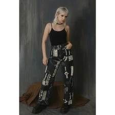 Dolls Kill Current Mood Glitch Print Wide Leg Jean Women XS Black White Japanese