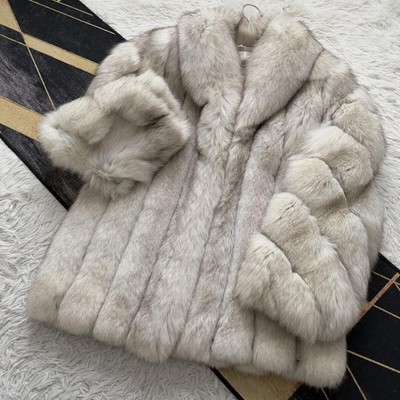 SAGA FURS Royal Blue Fox Echtpelzmantel Damen Größe L Langarm Authentic