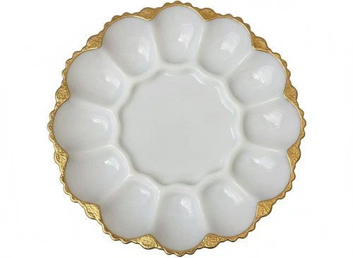 Vtg Anchor Hocking Milk Glass Deviled Egg Plate with 22 K Gold Trim