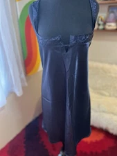 Vtg 90s Shiny Liquid Satin Sostanza Brocade Midnight Navy Slip Dress XXL