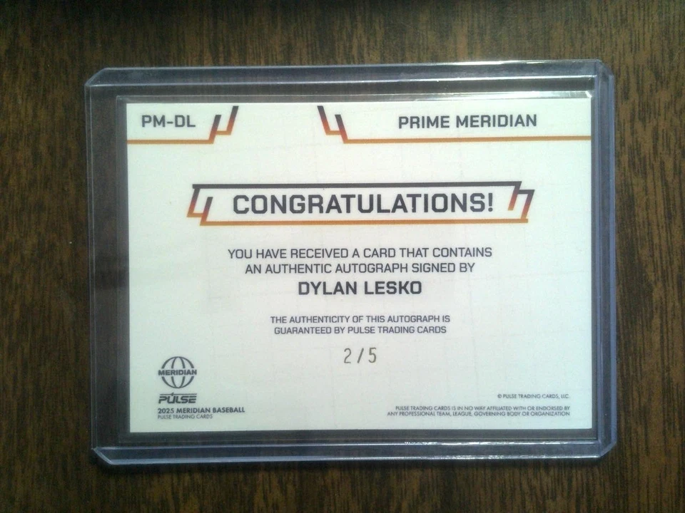 2025 Pulse Meridian Baseball - Prime Meridian - Autograph - Dylan Lesko #2/5 - Image 2 of 2