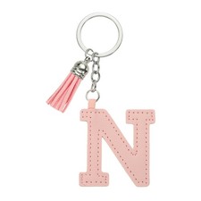 Initial Letter Keychain, Cute Leather Keychains with Tassel Letter N, Pink