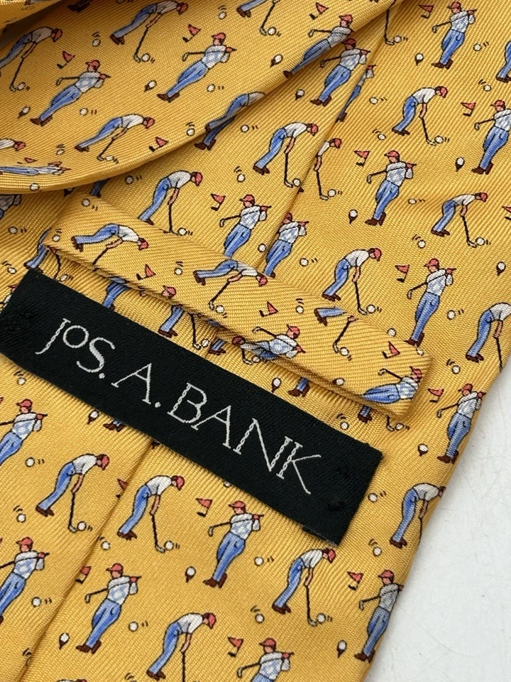 Joseph E Banks Hombre Corbata Cuello Preppy 100% Seda Hecha en EE. UU. Amarillo Golfista Estampado Foto 4 de 4