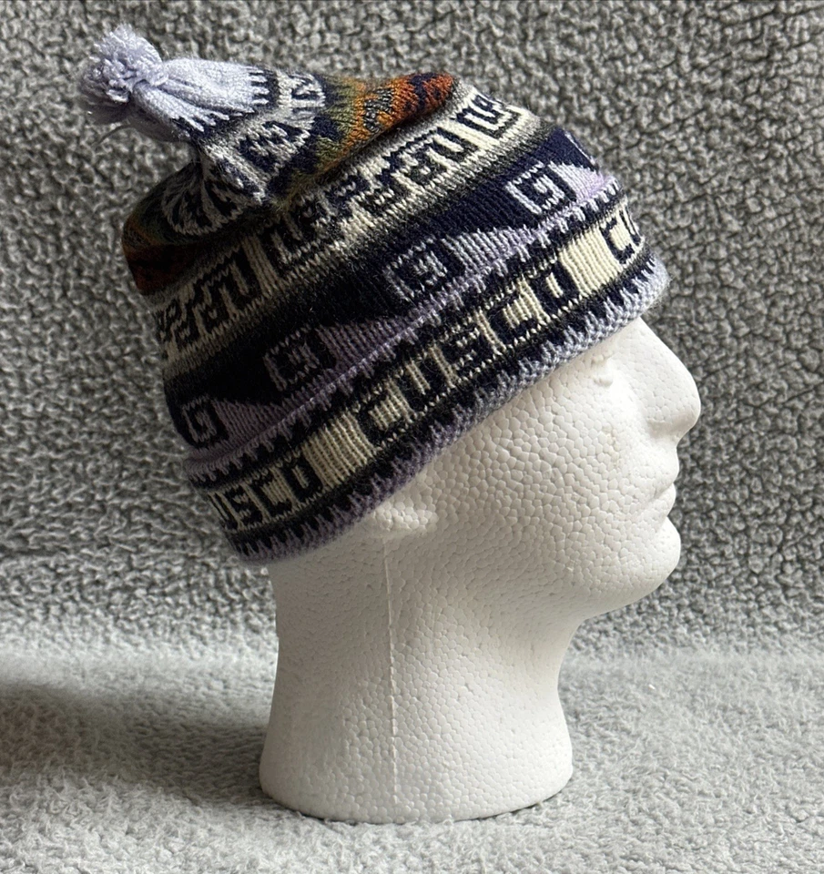 Cusco Peruvian Beanie 男女通用 Pom-Pom Cuffed 多色几何图案安第斯 — 第 4/4 张图片