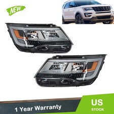 Pair Fit For 2016-2019 Ford Explorer Headlights Halogen w/ LED DRL Chrome LH+RH