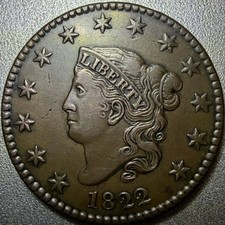 1822 Coronet Head Copper Cent 1c US Large Cent Coin Very Fine Circulated Philly