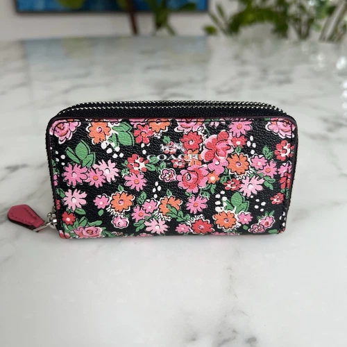COFANETTO PORTAMONETE COACH PICCOLO DOPPIA ZIP A GRAPPOLO POSEY STAMPA FLOREALE F57985 NERO ROSA