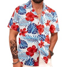 Red-Blue Leaves Hawaiian Shirt: Modern Summer Beach Tropical Button Down Shirt