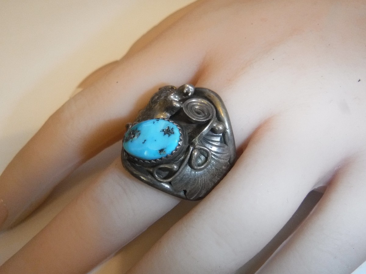 Vintage Running Bear Trading Gallup .925 Turquoise Ring Coyote Navajo Size 10.5 View 3