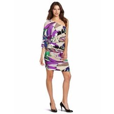 $129 Nine West Purple Black Clover Combo Jersey Blouson Ruched Dress 4 NWT N258