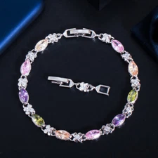 Trendy Multi Purple Pink Green CZ Stone Women Flower Link Chain Bangle Bracelet