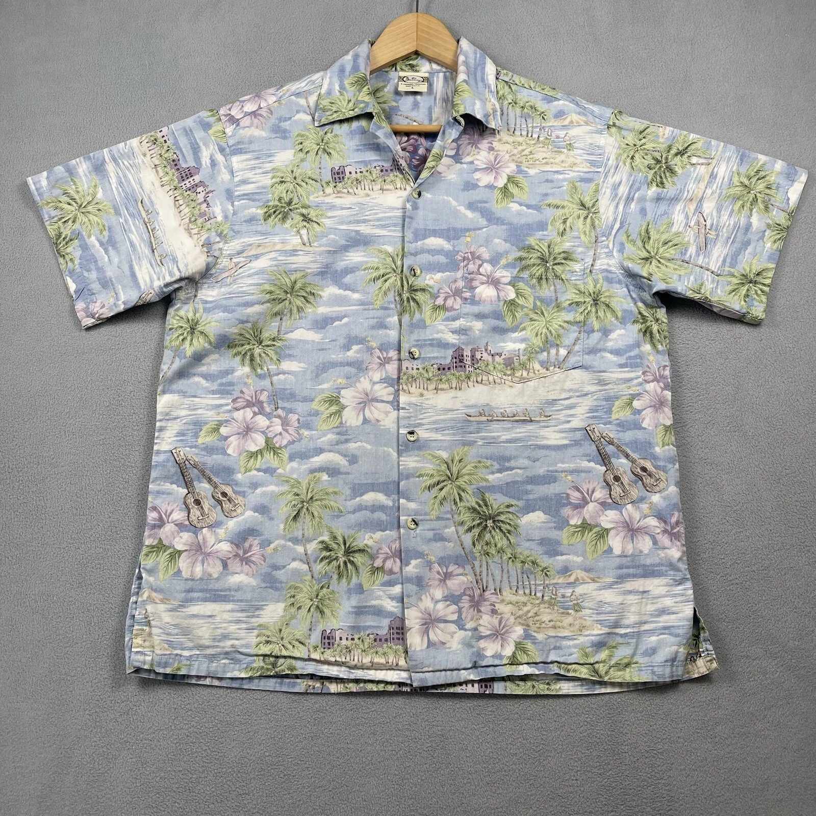 Go Barefoot Hawaiian Shirt Men's Large Blue Island Beach Spread Collar Camp