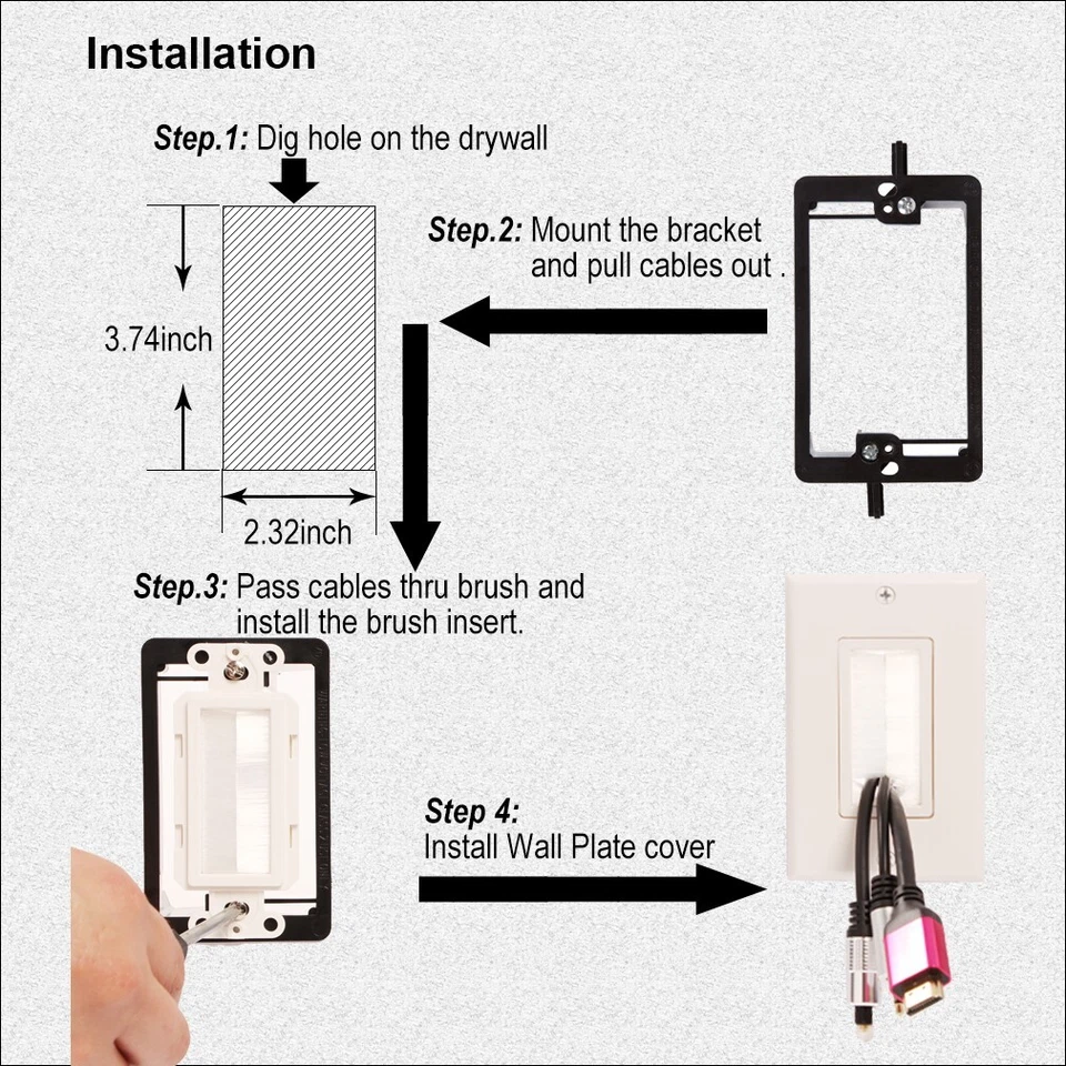 Brush Wall Plate with Mounting Bracket 6-Pack Cable Pass Through Insert Hider - Image 3 of 4