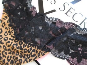 VICTORIA'S SECRET PINK Cotton Thong Panty VS Leopard Black Lace Waist S M NWT