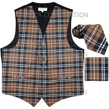 New Vesuvio Napoli Men's plaid Tuxedo Vest Waistcoat Necktie Hankie set Brown