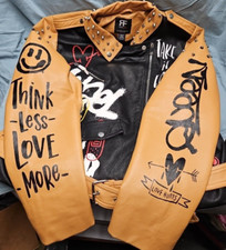 Womens Colorblock Biker Jacket With Studs And Print Black And Rust Color