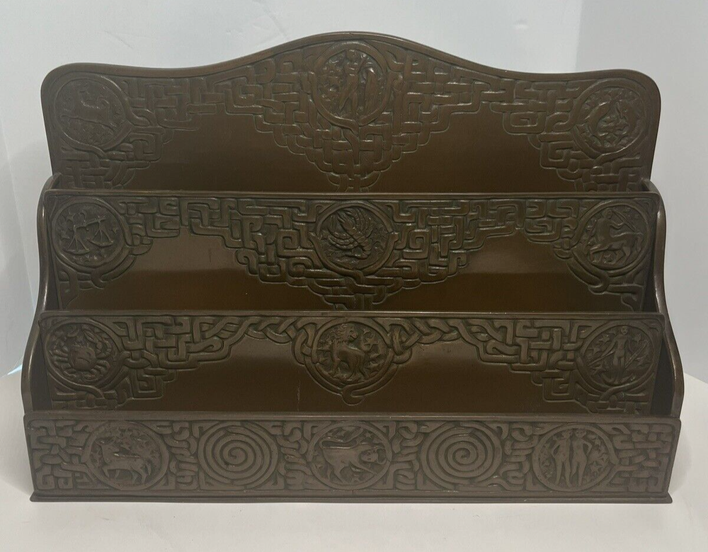 Antique Tiffany Studios Bronze Zodiac Pattern Desk Large Letter Holder No. 1030