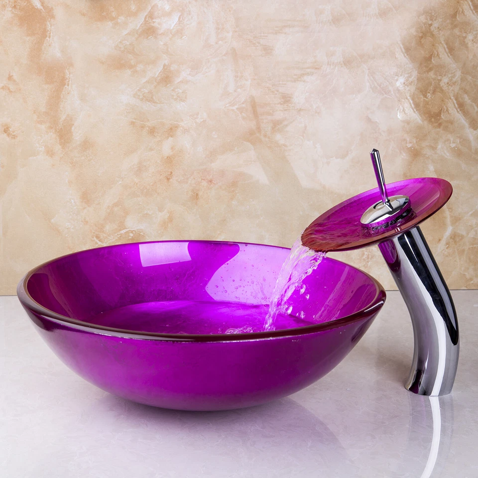 Combo de lavabo de vidrio rosa para baño mezclador de cascada grifo drenaje de residuos Foto 4 de 4