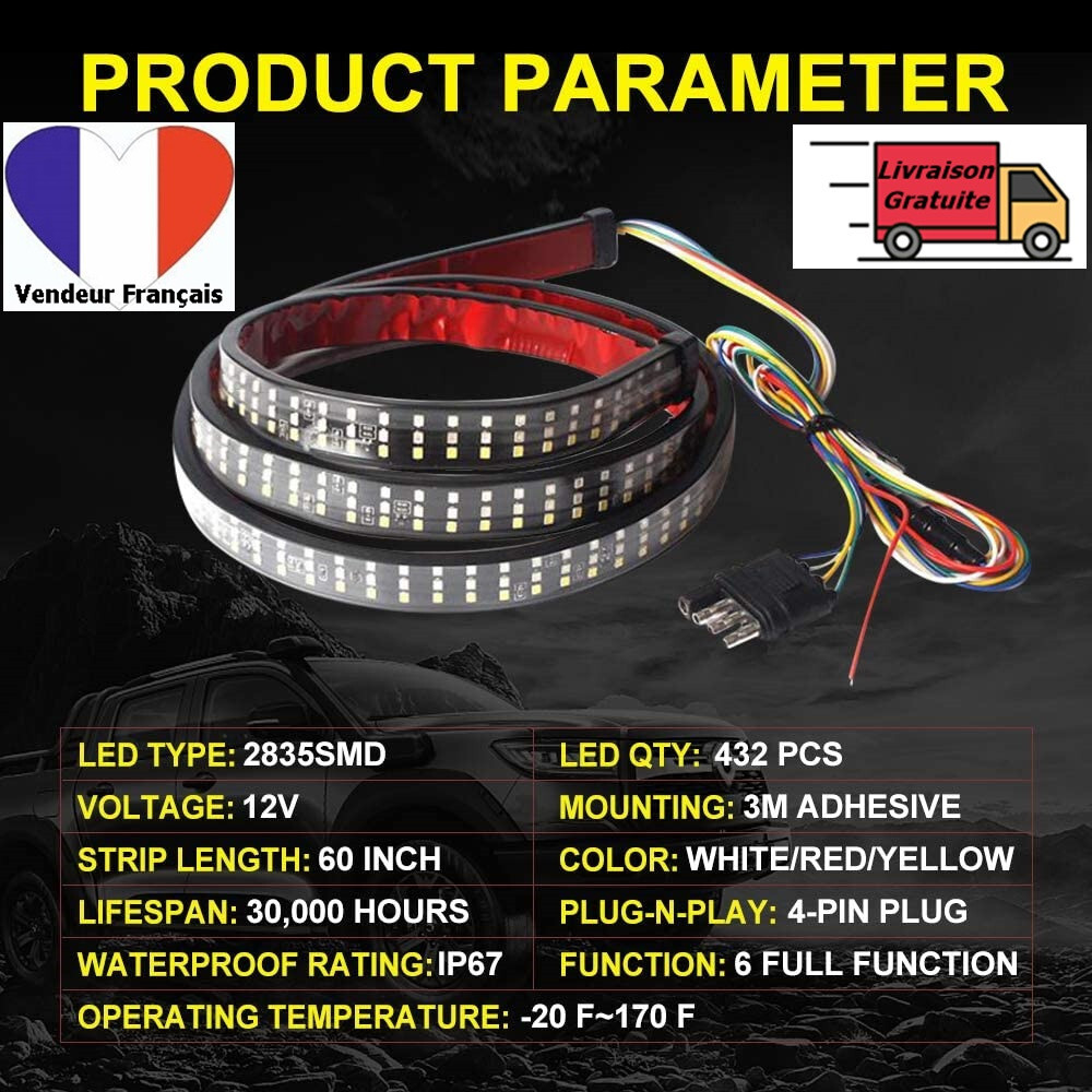 Barre de feu arrière LED 152cm triple rangée rouge et ambre pour remorque