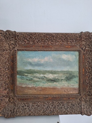 Peinture antique huile sur toile paysage bord de mer encadrée par Gustave Balenghien. - Photo 6 sur 15