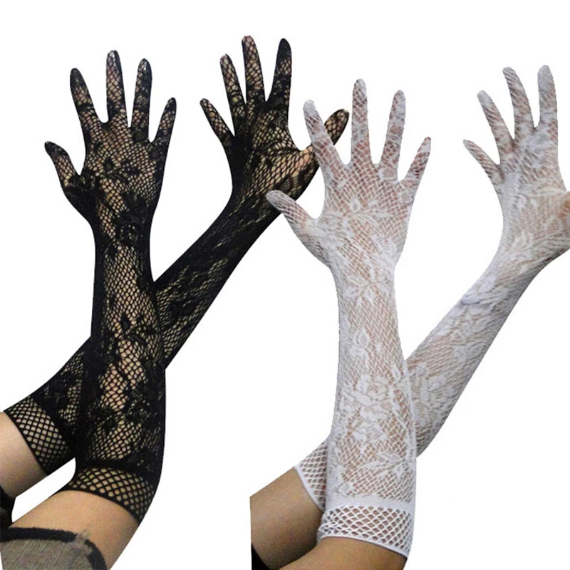 GUANTES DE ENCAJE largos florales elásticos de malla góticos/steampunk para damas negros/rojos/blancos✿ Foto 3 de 4