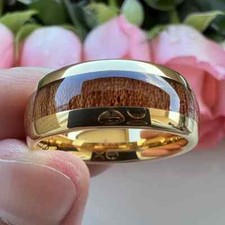 Men's 8mm Tungsten Yellow Gold Hawaii Koa Wood Comfort-Fit Polished Wedding Band