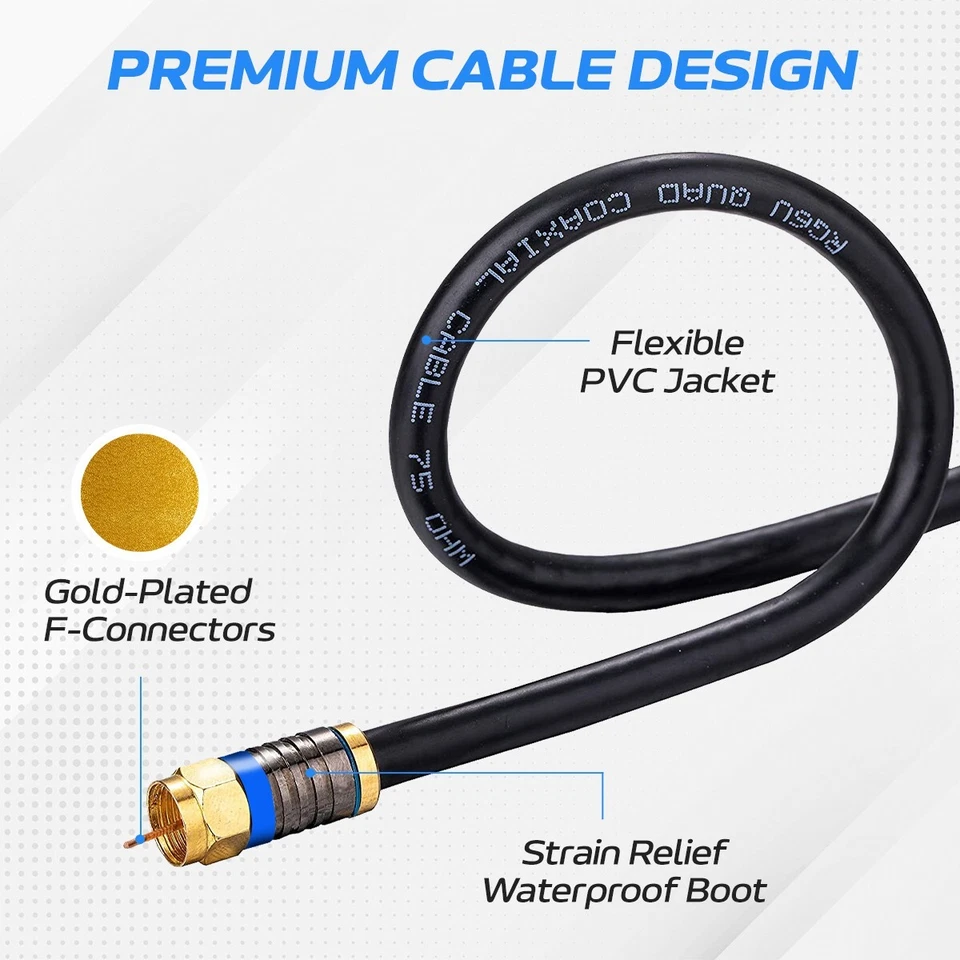 RG6 QUAD Shield Coax Cable Black TV Antenna Satellite 3ft-100ft Multi-Pack Lot - Image 2 of 4
