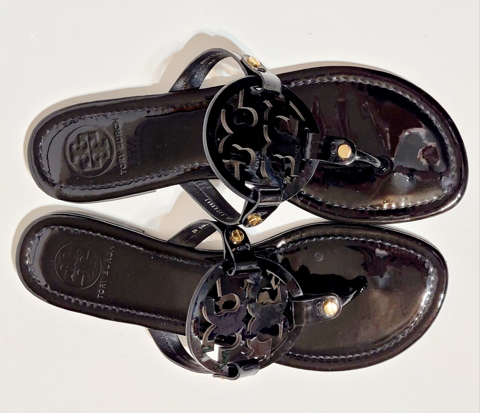 Tory Burch Miller Sandals Logo Black Patent Leather Thong FlipFlop Flats Wms 10M thumbnail 13