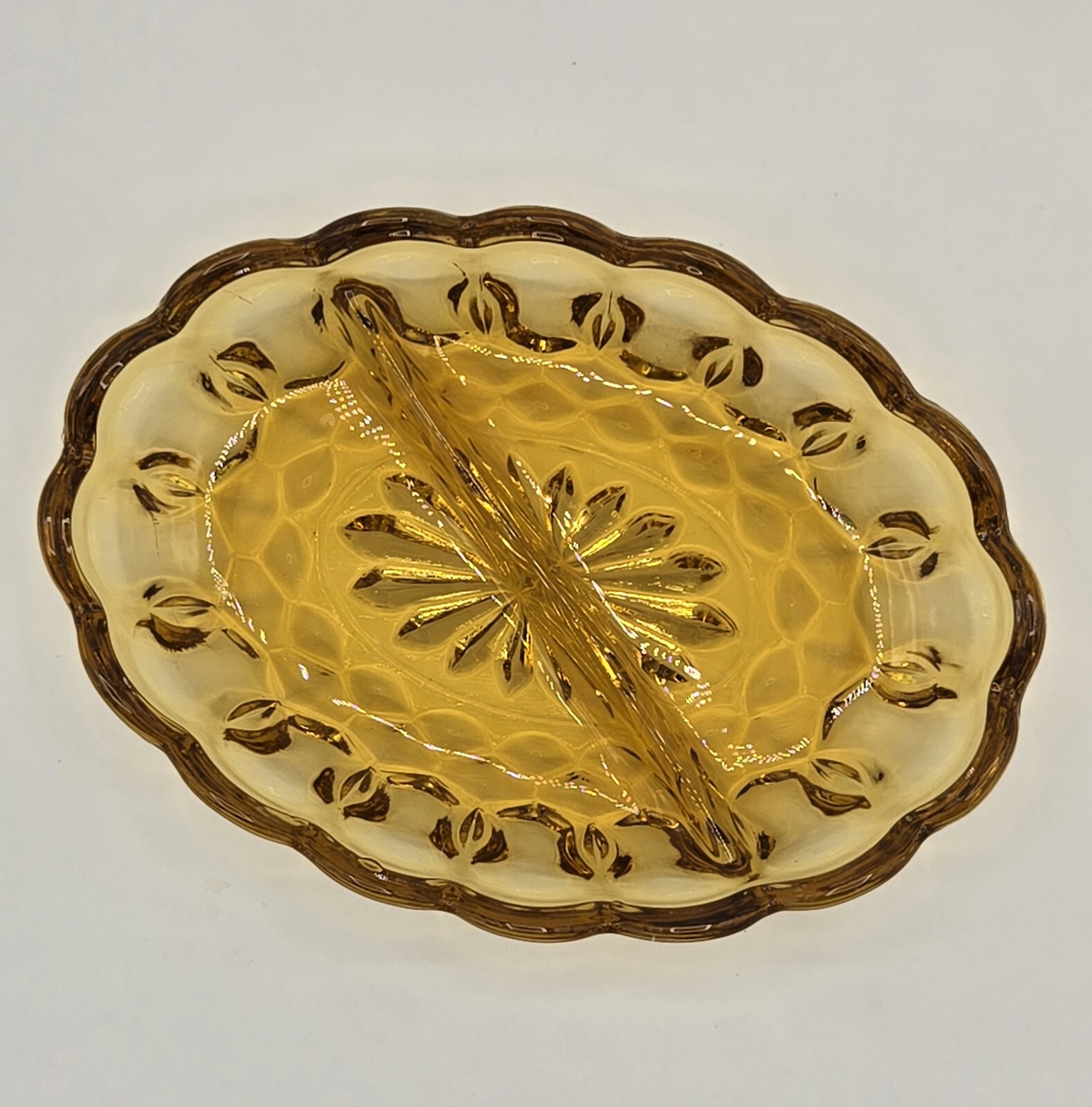 Vintage Anchor Hocking Amber Glass Oval Divided Relish Candy Treat Nut Dish Bowl