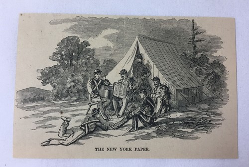 1861 magazine engraving~ UNION SOLDIERS READING THE NEW YORK PAPER